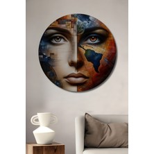 Teona Ahşap Yarım Yüz Dünya ve Modern Şehir Manzarası Yağlı Boya Görünümlü Ahşap Dekoratif Tablo Yuvarlak Duvar Tablosu