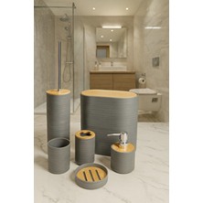 Makri Home 6 Parça Bambu Kapaklı Banyo Seti, Gri, Oval, Hacim: 8 Litre