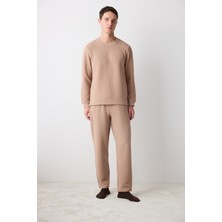 Penti Erkek Checker Desenli Bej Pantolon Pijama Takımı Uzun Kol Konforlu Tasarım