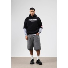 Vamos Oversize Baskılı Kapüşonlu Sweatshirt Siyah