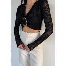 Gülseli Kadın Omuz Vatkalı Ön Tokalı Crop Top Bluz P-00020141