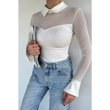 Gülseli Kadın Polo Yaka Tül Garnili Likralı Bluz P-00020212