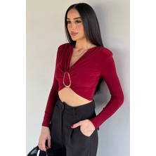 Gülseli Kadın V Yaka Büzgülü Gold Toka Detaylı Crop Top Bluz P-00020149
