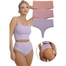 Sensu Kadın Yüksek Bel Tanga Fitilli Külot 3 Lü Paket Pembe