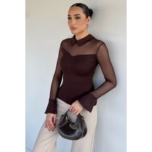 Gülseli Kadın Polo Yaka Tül Garnili Likralı Bluz P-00020212