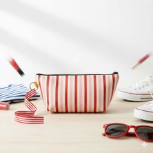 Palto Tasarım Kırmızı Pembe Çizgili Desen  Makyaj Çantası - Makyaj Organizatörü Kozmetik Çanta