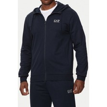 EA7 Erkek Tam Kalıp Fermuarlı Kapüşonlu Sweatshirt - Lacivert