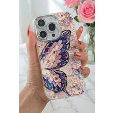 iPhone 16 Pro Kılıf Renk Geçişli Taşlı Kamera Lens Korumalı Simli Mor Kelebek Desenli Darbe Emici