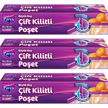 Parex Çift Kilitli 12'li Buzdolabı Poşeti Büyük Boy 26 x 28 cm Üçlü Paket