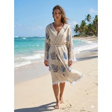 Tekstilize Mavi Mercan Desenli Müslin Bornoz Yumuşak, Hafif ve Nefes Alan Dokuma (%100 Pamuklu)