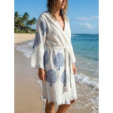 Tekstilize Mavi Ağaç Desenli Müslin Bornoz Yumuşak, Hafif ve Nefes Alan Dokuma (%100 Pamuklu)