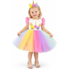 Mnk Baby & Kids Rengarenk Etekli Kız Çocuk Parti Elbisesi Unicorn Detaylı Özel Günler İçin