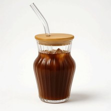 Erkugo Çizgili Chubby Borosilikat Cam Bardak – 500 ml - Bambu Kapaklı