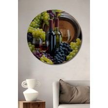 Teona Ahşap Lezzetli Üzümler ve Şarap Şişeleri Yağlı Boya Görünümlü Ahşap Dekoratif Tablo Yuvarlak Duvar Tablosu