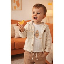 Baby Hola Roket Baskılı Müslin Kumaş Kapüşonlu Erkek Bebek Üçlü Takım Set Babyhola