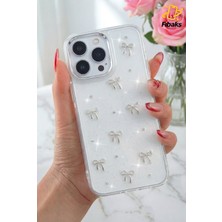 Fibaks Apple iPhone 16 Pro Max Kılıf Fiyonk Desenli Şeffaf Simli Gümüş Kamera Çıkıntılı Parlak Kapak