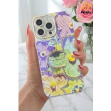 Fibaks Apple iPhone 16 Pro Max Kılıf Renk Değiştiren Taşlı Kamera Lens Korumalı Mavi Çiçek Desenli Darbe Emici