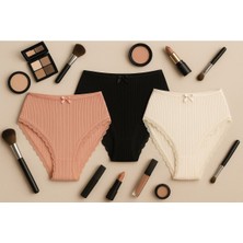 Mavi Qumsal Bel Lastik Paça Dantelli Delikli Ribana Külot 3'lü Set