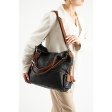 571 Collections Çanta Yıkanmış Deri Omuz Çantası Siyah (Model: 571-9-10E)