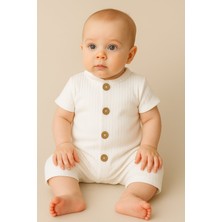 Bubito Kısa Kollu Tahta Düğmeli Pamuklu Yazlık Tulum-Beyaz