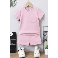 Bubito Waffle Görselli Cep Detaylı Pamuklu Yazlık Bebek Çocuk Şort Takım-Pembe