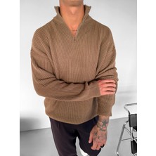 Abluka Online Erkek Oversize Yarım Fermuarlı Kazak Açık Kahve