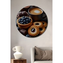 Teona Ahşap Lezzetli Kahve ve Kurabiye Yağlı Boya Görünümlü Dekoratif Ahşap Tablo Yuvarlak Duvar Tablosu