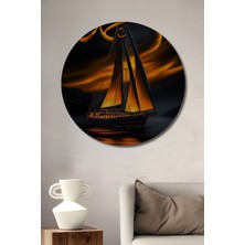 Teona Ahşap Yüzen Tekne Üzerinde Hat Sanatı Yağlı Boya Görünümlü Ahşap Dekoratif Tablo Yuvarlak Duvar Tablosu
