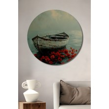 Teona Ahşap Ahşap Dekoratif Tablo Kırmızı Gelincikler ve Eskitme Tekne Görünümlü Yağlı Boya Sanat Yuvarlak Duvar Tablosu