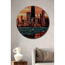 Teona Ahşap Chicago Gün Batımı Manzarası Yağlı Boya Görünümlü Ahşap Dekoratif Tablo Yuvarlak Duvar Tablosu