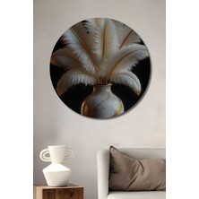 Teona Ahşap Altın Varaklı Beyaz Tüyler Vazo Yağlı Boya Görünümlü Dekoratif Ahşap Tablo  Yuvarlak Duvar Tablosu