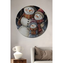 Teona Ahşap Kış Ailesi Karlı Orman Sulu Boya Görünümlü Dekoratif Ahşap Tablo Yuvarlak Duvar Tablosu