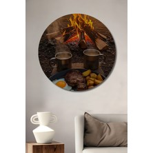 Teona Ahşap Kamp Ateşi Kahvaltısı Yağlı Boya Görünümlü Ahşap Dekoratif Tablo  Yuvarlak Duvar Tablosu