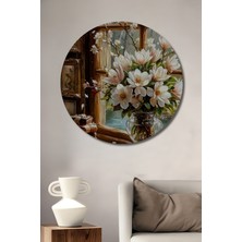 Teona Ahşap Magnolya Çiçekleri Sulu Boya Görünümlü Ahşap Dekoratif Tablo Yuvarlak Duvar Tablosu