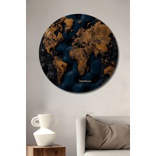 Teona Ahşap Altın Dünya Haritası Deri Dokulu Yağlı Boya Görünümlü Ahşap Dekoratif Tablo  Yuvarlak Duvar Tablosu