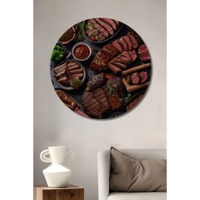Teona Ahşap Lezzetli Et Sunumları Yağlı Boya Görünümlü Ahşap Dekoratif Tablo Yuvarlak Duvar Tablosu