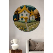 Teona Ahşap Sulu Boya Görünümlü Sevimli Masal Evleri Ahşap Dekoratif Tablo Yuvarlak Duvar Tablosu