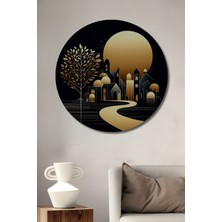 Teona Ahşap Altın Işıltılı Şehir Silüeti Yağlı Boya Görünümlü Dekoratif Ahşap Tablo Yuvarlak Duvar Tablosu