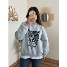 Nihanello Butik Kaplan Figürlü Mavi Melanj Sweatshirt