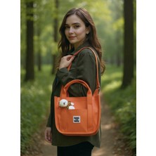 Mefehe Turuncu Buzi Kumaş Ayıcıklı Kolon Askılı Çapraz El ve Omuz Çantası