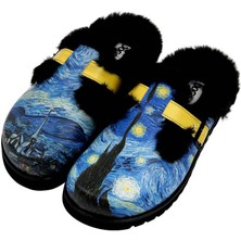 Dogo Kadın Vegan Deri Mavi Içi Peluş Terlik - Vincent Van Gogh The Starry Night Tasarım