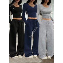 Elvin Moda Kışlık З'lü Siyah Gri Lacivert Bol Paça Kışlık Eşofman Altı Eşofman Altı Battal Beden