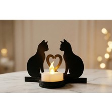 Grifon3D Dekoratif Kedi Figürlü Kalpli Siyah Mumluk - 3D Baskı Tealight Mumluk (8 Cm)