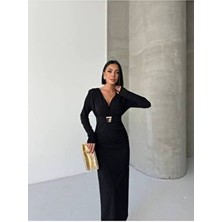 Ark Mağazaları Kruvaze Bel Drapeli Kemerli Aksesuarlı Maxi Elbise(Gold Aksesuar Kemerde Çıkarılabilir)