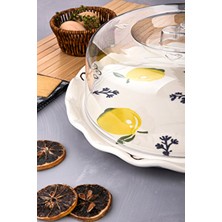 Akkoyunlu Home Seramik Kek Fanusu Limon Desenli Pasta Kek Sunum Tabağı Standı Kapaklı 32X26CM