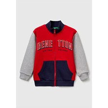 United Colors Of Benetton Erkek Çocuk Kırmızı-Gri Logo Detaylı Önü Fermuarlı Ribana Detaylı Sweatshirt