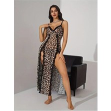 Ququ Stil Kadın Leopar Desenli Askılı Dantelli Gecelik Elbise Viskon Kumaş Çok Renkli Uzun Model
