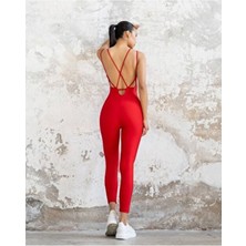 Tükato Kadın Kırmızı Sırt Dekolteli Çapraz Bant Askılı Dar Kesim Toparlayıcı Yoga Pilates Tayt Spor Tulum
