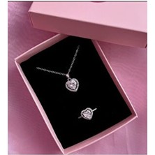 Le Manolia Accessories Zirkon Kalp Kolye Yüzük Seti Pembe Çelik Modern Tasarım Sevgililer Günü Hediye