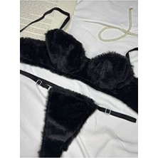 Rozenin Lingerie Siyah Yumuşak Dokulu Peluş İç Çamaşır Takımı Düz Desenli Kadınlar İçin
